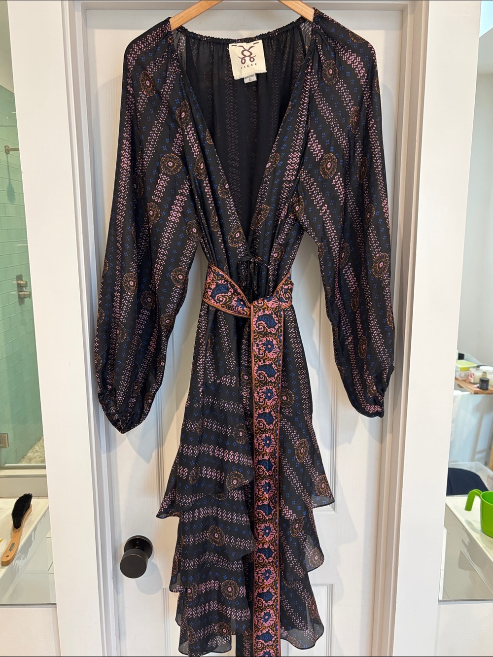 Boho Black Long-Sleeve Tiered Wrap Dress with Printed Sash